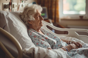 Senior elderly woman in hospital room, a portrait of resilience, health care and illness concept