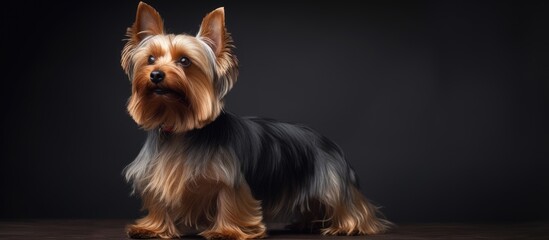 Sticker - A Yorkshire Terrier, a toy dog breed in the Canidae family, is seated on a wooden table, gazing at the camera with its liver and fawn coat. Known as a companion dog, it belongs to the Sporting Group