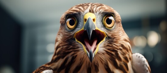 Sticker - A close up of an Accipitridae hawk with its beak open, showcasing its powerful jaws and sharp talons. This bird of prey belongs to the Falconiformes and Accipitriformes order