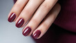 Woman hand with burgundy color nail polish on her fingernails. Burgundy nail manicure with gel polish at luxury beauty salon. Nail art and design. Female hand model. French manicure. Generative AI.