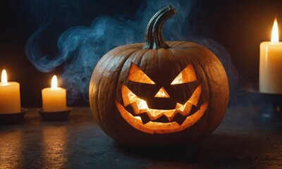 A scary pumpkin lantern with evil grin for Halloween.