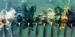 Diverse pigment powders on metal spoons against a green textured artistic backdrop, emphasizing color contrasts