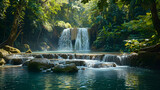 A photo of the Erawan Waterfalls, with lush greenery surrounding the cascade