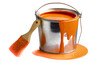 Paint bucket and Paint brush with orange paint isolated on white background, cropping