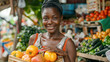 Portrait of a black female young working at a farmers market stall with fresh organic agricultural products. African saleswoman holding a crate with fruits and vegetables.