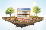 Fototapeta  - sustainable modern house building with solar panels and heat pump illustration