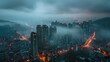 Foggy Cityscape at Night in Hong Kong, To convey the moody and atmospheric ambiance of a rainy, foggy night in a bustling city like Hong Kong