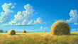 Bale of hay on a mown field against a blue sky, illustration