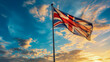 Flag of the United Kingdom of Great Britain and the North against a beautiful northern sky with magnificent clouds at sunset, NATO summit in Europe, participant flags with space for concept