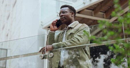 Poster - black man, talking and balcony with phone call for communication, networking or business discussion.
