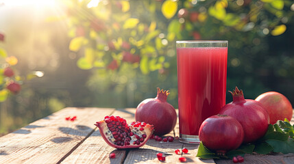 Wall Mural - In the sunlit garden, a glass of delicious and refreshing pomegranate juice is elegantly placed on a wooden table