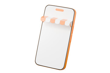 Poster - 3D Online shopping and E-commerce concept. Orange phone with smartphone shop store icon symbol isolated on orange pastel background. Minimal Cartoon design creative. Orange and White. 3D Rendering.