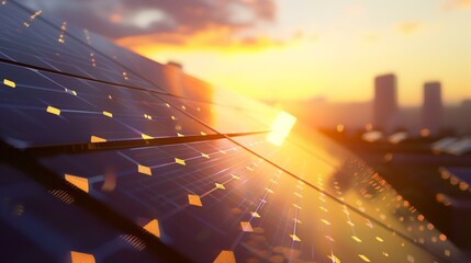 Sticker - solar energy panels on the sunset background. 3d rendering - illustration