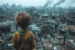 With their back to the camera, a child witnesses the devastation of a city torn apart by war and bombs, the desolation of the scene underscoring the toll of violence on the most vulnerable