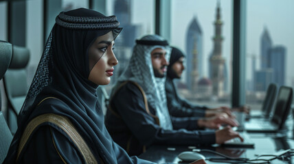 Wall Mural - photo of a group of 4 proud Saudi Males and Females Professionals planning and managing in ministry of Hajj in a high rise office overseeing the holy mosque in makkah kaaba haram sharif mecca