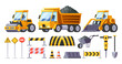 Road Construction Equipment. Bulldozer, Wheelbarrow And Tip Truck For Earth Moving, Roller For Compaction, Jackhammer