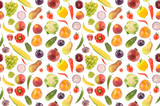 Fototapeta Kuchnia - Large seamless pattern of beautiful bright vegetables and fruits isolated on white