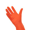 Hand wearing hygiene cleaning protective glove isolated on transparent layered background.