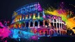 Notable building colosseum in Rome with colorful paint splash techniq, isolated on black backgound Generative AI