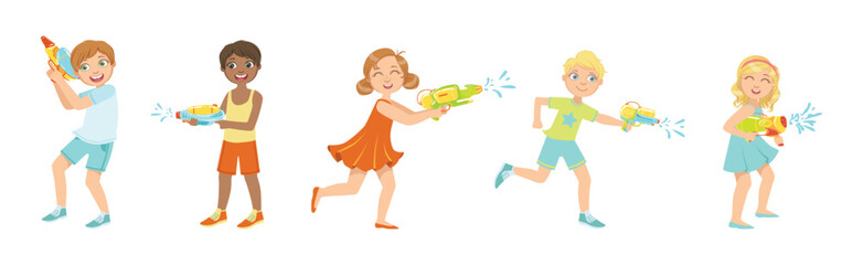 Sticker - Boy and Girl Play Toy Water Pistol Weapon Summer Game Vector Set