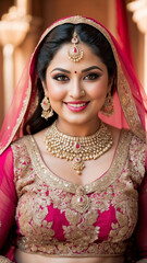 Graceful in Dark Rose: Plus Size Indian Bride Flourishes in Traditional Lehenga and Exquisite Bridal Jewelry, generative ai