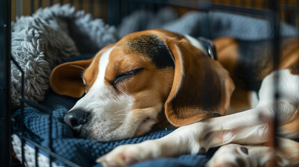 Wall Mural - beagle dog sleeping in a crate