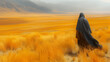 Silhouette d'un homme lugubre habillé en noir marchant dans le désert : solitude, spectre de la mort et de la tristesse, dépression