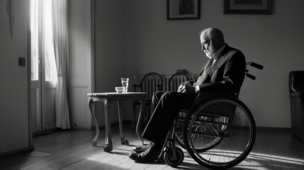 Black and white image of an elderly man sits in wheelchair in classic living room