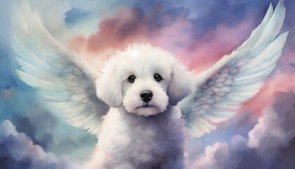 Wall Mural - cute white dog with wings against the background of sky as a dog heaven concept watercolor illustration