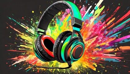 Wall Mural - gaming headset with colorfull explosion on dark background