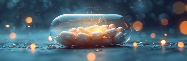 Wall Mural - Illuminated capsule pill with a dynamic, abstract background, suggesting advanced pharmaceutical technology or health innovation.