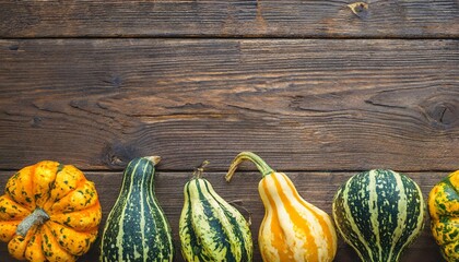 Canvas Print - border of gourds on a dark wood background with copy space