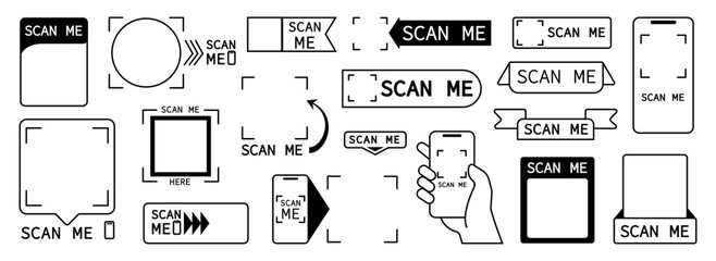 Scanning frames. Qr codes stickers and scan me inscription. Empty info banners templates, barcodes spaces or web labels, decent vector set