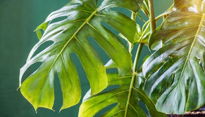 Canvas Print - close up of big leaves of monstera deliciosa palm in bright lit against green wall monstera deliciosa houseplant in bright sunlight