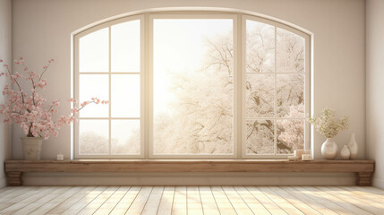 Wall Mural - Large and empty living room with big window and spring landscape view