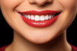  perfect smile with healthy white teeth. Woman's mouth close-up, red lipstick on lips. veneers. result of teeth whitening procedure. image symbolizes oral care dentistry, Closeup on white background