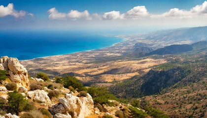 Canvas Print - mediterranean landscape panorama banner top view from the mountain range on the akamas peninsula near the town of polis the island of cyprus republic of cyprus