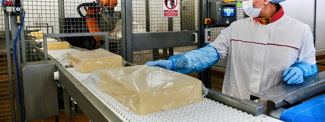 Wall Mural - Two workers start making blocks of cheese in a factory.