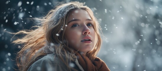 Poster - A woman with surfer hair is standing in the snow, looking up at the sky in the darkness, with a smile on her face and wearing fur. She looks happy and ready for a fun travel event