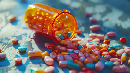 Wall Mural - healthcare top down image of an opened orange pill bottle with colourful medicine prescription pills on a table. Prescription tablets and heath supplements for mental and physical wellness