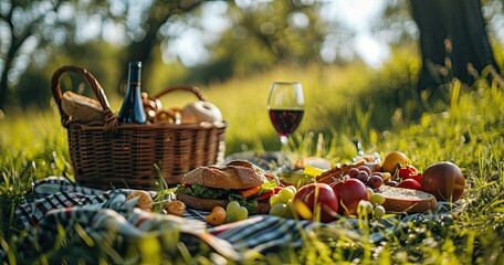 Wall Mural - Picnic basket on grass with food and drink on blanket. Picnic lunch outdoor in a field on sunny day with bread,