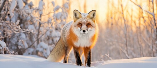 Poster - A red fox, a carnivorous terrestrial animal, is standing in the snow, its fur blending with the natural landscape, looking directly at the camera