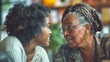 Elderly woman sharing wisdom with a younger woman in a homely setting. Intergenerational learning and mentorship concept.