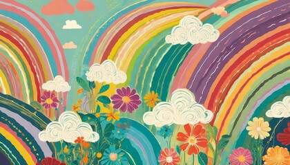 Sticker - vintage funky background featuring clouds flowers and rainbows with waves vibrant hues and a charming retro vector design with abstract forms