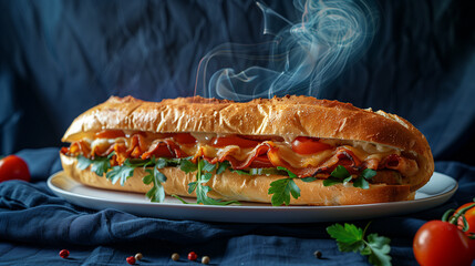 Wall Mural - Baguette with bacon, cheese and tomatoes on a dark background