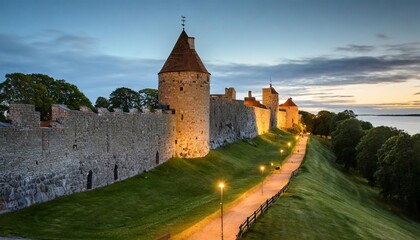 Wall Mural - sweden gotland island visby 12th century city wall most complete medieval city wall in europe sunset
