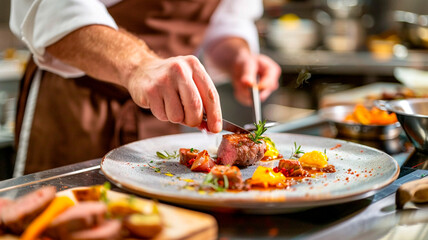 chef preparing food for a meal at restaurant kitchen