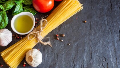 Canvas Print - italian food ingredients on dark background food ingredients for italian pasta spaghetti on black stone slate background copy space of your text banner