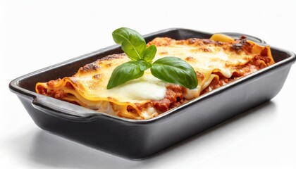 Canvas Print - delicious homemade lasagna with melting mozzarella cheese and some basil leaves on ceramic baking pan isolated on white background