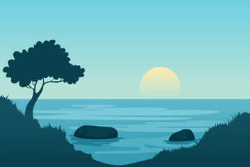 Wall Mural - Dawn over the beach. Silhouette of trees, grass and rocky shore against the backdrop of a beach with large stones in the water. Calm natural landscape.